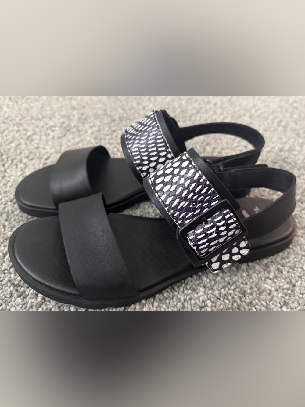 Sorel Black Sandals with White Snake-Print Strap